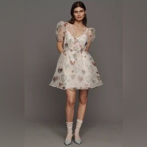 Farm Rio x Anthropologie Semi Sheer Puff Sleeve Heart Print Babydoll Dress XS